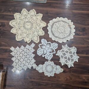 Crochet, 6 Vintage Large White & Ecru Cotton Doilies, Handmade